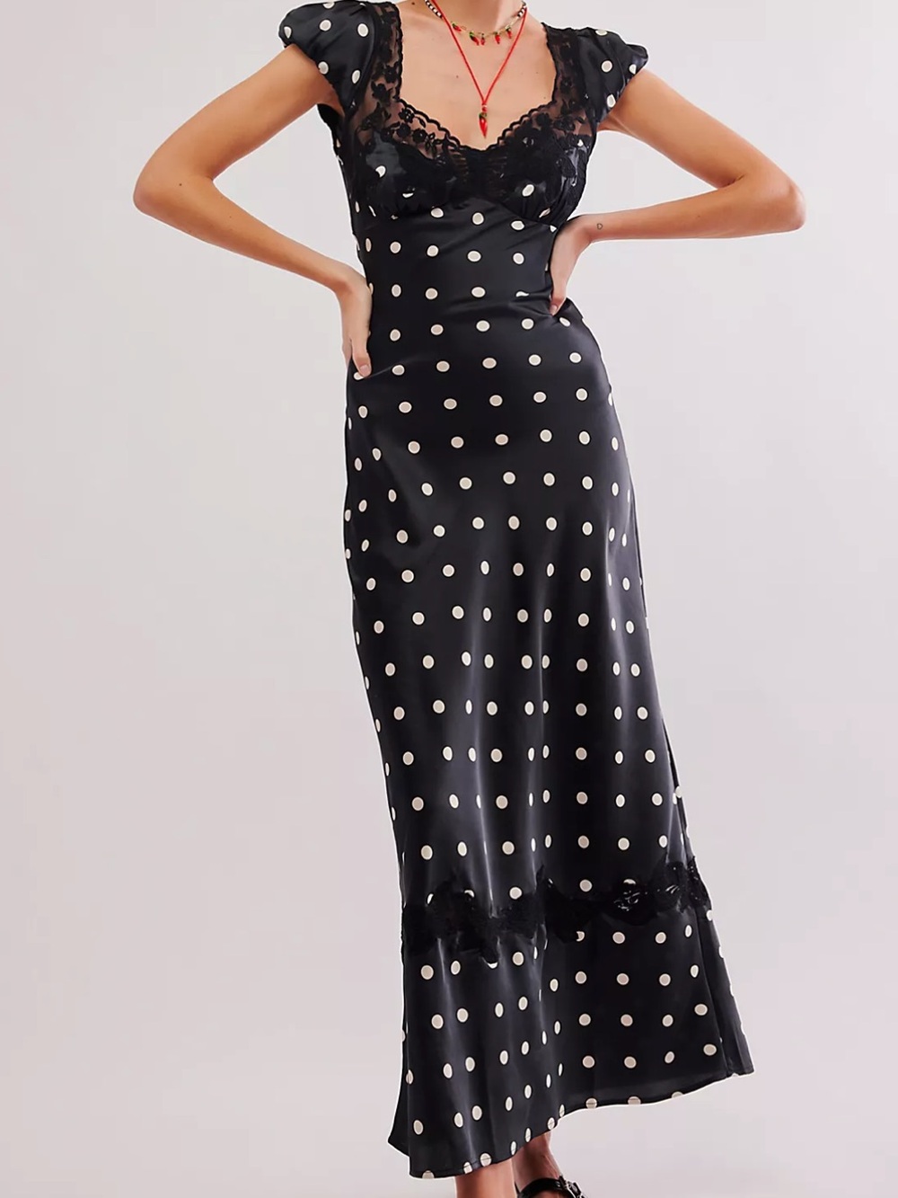 Free People Black Polka Dot Midi Dress with Cream Dots